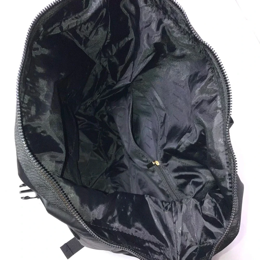 Versace Parfums Black Backpack Tote Bag Gold Greek Key Straps‎